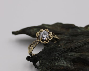 Moissanite Gold Lotus Engagement Ring, 14k Gold Nature Inspired Ring, Unique Elven Ring, Lotus Ring, Nature Engagement Ring, Forest Ring