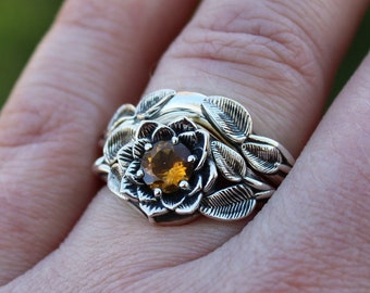 Radiant Bloom Set, Sterling Silver Citrine Lotus Ring, Citrine Flower Ring, Nature Inspired Jewelry, Sterling Silver Lotus Bridal Set