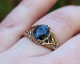 Golden Dark Swirl Vine Ring, 14k Gold Nature Inspired Vine Ring, Pietersite Ring, Elven Gift Ring, Gold Goth Ring, Fantasy Forest Ring