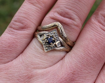 Lunar Bloom, Sapphire Lotus Bridal Set, 14k Gold Nature Inspired Ring, Unique Elven Leaf Engagement Set, Lotus Rings, Nature Bridal Set