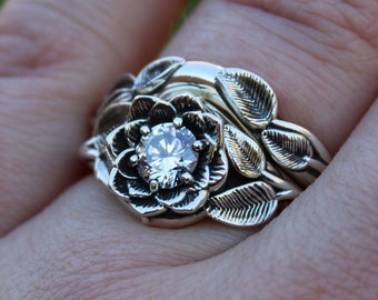 Radiant Bloom Set, Sterling Silver Moissanite Lotus Ring, Moissanite Flower Ring, Nature Inspired Jewelry, Sterling Silver Lotus Bridal Set