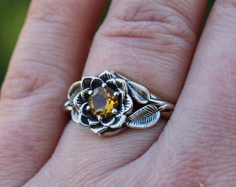 Radiant Bloom, Sterling Silver Citrine Lotus Ring, Citrine Flower Ring, Nature Inspired Jewelry, Sterling Silver Lotus Ring