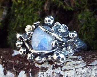 Mystical Moonstone Mushroom and Flower Silver Ring - Secret Snail - Handcrafted Nature Inspired Jewelry - Whimsical Unique Ring