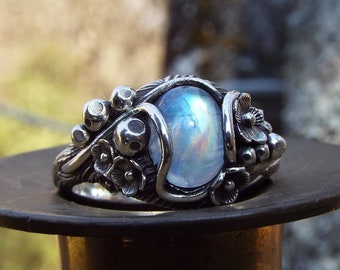 Moonlight Mushroom Garden Ring: Sterling Silver Moonstone Flower