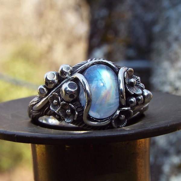 Moonlight Mushroom Garden, Silver Mushroom Ring, Moonstone Flower Ring, Nature Inspired Toadstool Ring, Cottagecore Mushroom Ring
