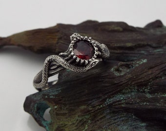 Crimson Serpent, Garnet Snake Ring, Sterling Silver Serpent Jewelry, Mystical Garnet Serpent, Gothic Garnet Ring, Nature Inspired Ring