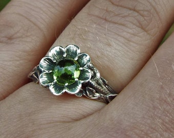 Blossoming Love, Peridot Flower Engagement Ring, Goth Engagement Ring, Snake Engagement Ring, Snake And Flower Nature Inspired Ring