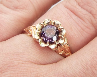 Blossoming Love, Purple Spinel Flower Engagement Ring, Goth Engagement Ring, Snake Engagement Ring, Snake And Flower Nature Inspired Ring