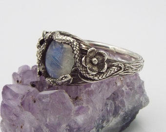 Moonlit Meadow, Nature inspired Snake ring, sterling silver moonstone snake ring, Snake and flower nature ring, Goth Serpent ring, Goth moon