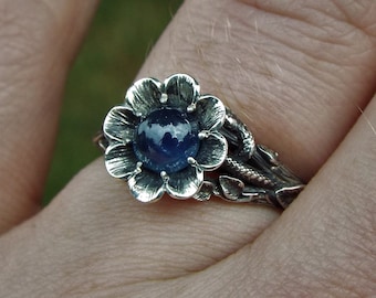 Blossoming Love, Sapphire Flower Engagement Ring, Goth Engagement Ring, Snake Engagement Ring, Snake And Flower Nature Inspired Ring