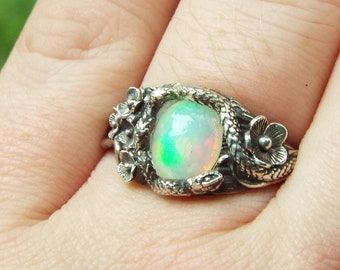 Summer meadow, Nature inspired Snake ring, sterling silver opal snake ring, Snake and flower nature ring, Goth Serpent ring, goth opal ring