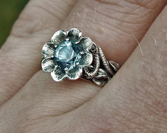 Blossoming Love, Blue Topaz Flower Ring, Goth Flower Ring, Silver Snake Ring, Snake And Flower Nature Inspired Ring, Goth Serpent Ring