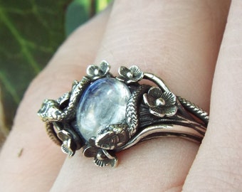Moonlight Garden Stroll, Nature inspired Snake ring, sterling silver moonstone snake ring, Snake and flower nature ring, Goth Serpent ring
