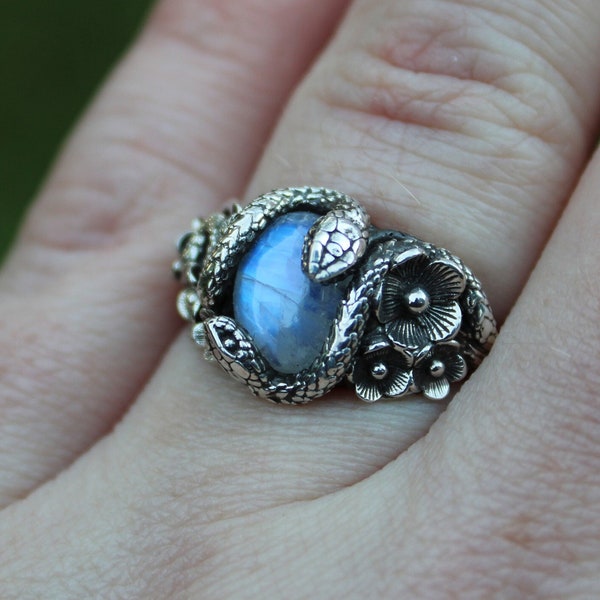 Spring Night Garden Stroll, Nature inspired Snake ring, sterling silver moonstone snake ring, Snake and flower nature ring,Goth Serpent ring