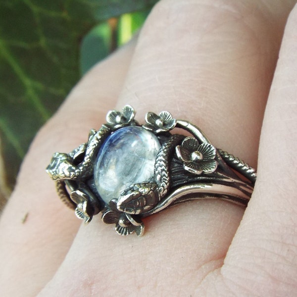 Moonlight Garden Stroll, Nature inspired Snake ring, sterling silver moonstone snake ring, Snake and flower nature ring, Goth Serpent ring