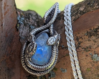 Snake Teardrop Moonstone Pendant, Nature inspired Pendant, Sterling Silver Snake Nest, Snake Gift Necklace, Goth Serpent, Medusa pendant