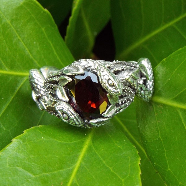 Garnet Snake and Thorn Ring, Silver Nature inspired Ring, Witchy Snake Ring, Cottagecore Gift ring, Snake Engagement Ring, Tribal Ring