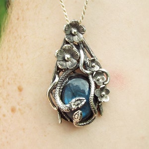Blue Moon Garden Stroll, Nature inspired Snake pendant, Sterling Silver labradorite snake, Snake and flower nature pendant, Cottagecore Gift
