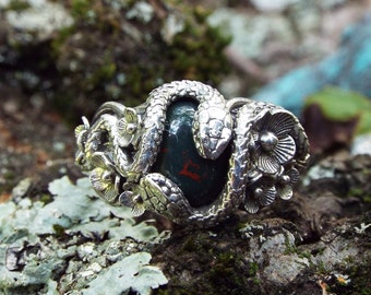 Spring Blood Garden Stroll, Nature inspired Snake ring, sterling silver bloodstone snake ring, Snake and flower nature ring, Dark Snake Ring