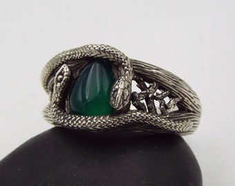 Serpents Of The Branching Thorns, Thorn Snake ring, Sterling Silver Green Onyx snake ring, Dark Thorn nature ring, Large Goth Serpent ring