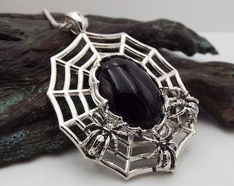 Sterling Silver Spider Web Necklace: Black Onyx Gothic Pendant