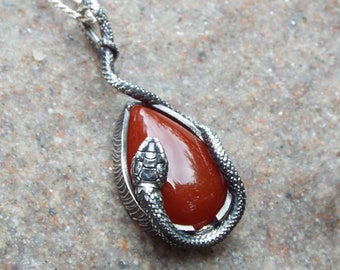 Carnelian Snake Pendant, Nature Inspired Snake Pendant, Sterling Silver Carnelian Snake, Snake Nature Pendant, Snake Carnelian, Goth Serpent