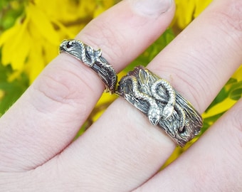 Snakes Intertwined Ring Set: Sterling Silver Serpent Couple Bands