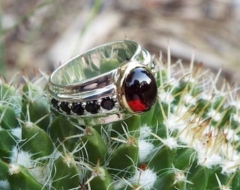 Garnet and black spinel ring, &quot;Eternal Flame&quot;, Goth Ring, wide ring, Blood red ring, Garnet ring, Dark jewelry, Goth, Black spinel ring