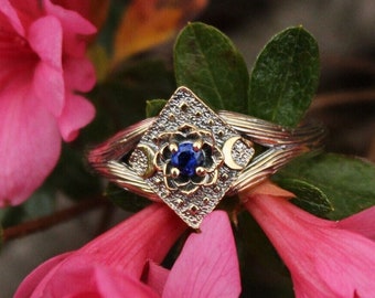 Lunar Bloom, Sapphire Gold Lotus Engagement Ring, 14k Gold Nature Inspired Ring, Unique Elven Ring, Lotus Ring, Nature Engagement Ring