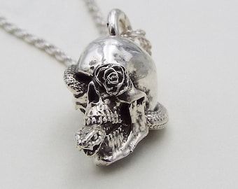 Loving Lies of the Dead, Silver Skull Necklace, Snake and Rose Necklace, Goth Snake pendant, Witchy Snake Necklace, Delicate Skull Necklace
