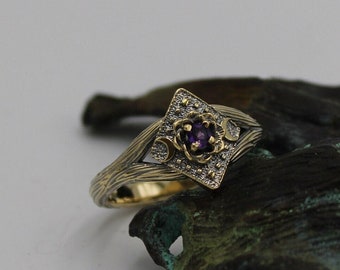 Lunar Bloom, Amethyst Gold Lotus Engagement Ring, 14k Gold Nature Inspired Ring, Unique Elven Ring, Lotus Ring, Nature Engagement Ring