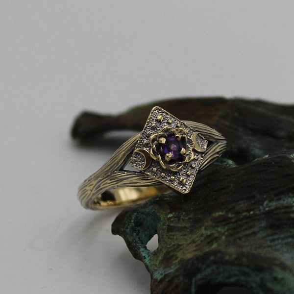 Lunar Bloom, Amethyst Gold Lotus Engagement Ring, 14k Gold Nature Inspired Ring, Unique Elven Ring, Lotus Ring, Nature Engagement Ring