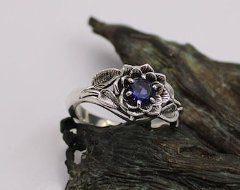 Radiant Bloom, Sterling Silver Iolite Lotus Ring, Iolite Flower Ring, Nature Inspired Jewelry, Sterling Silver Lotus Ring