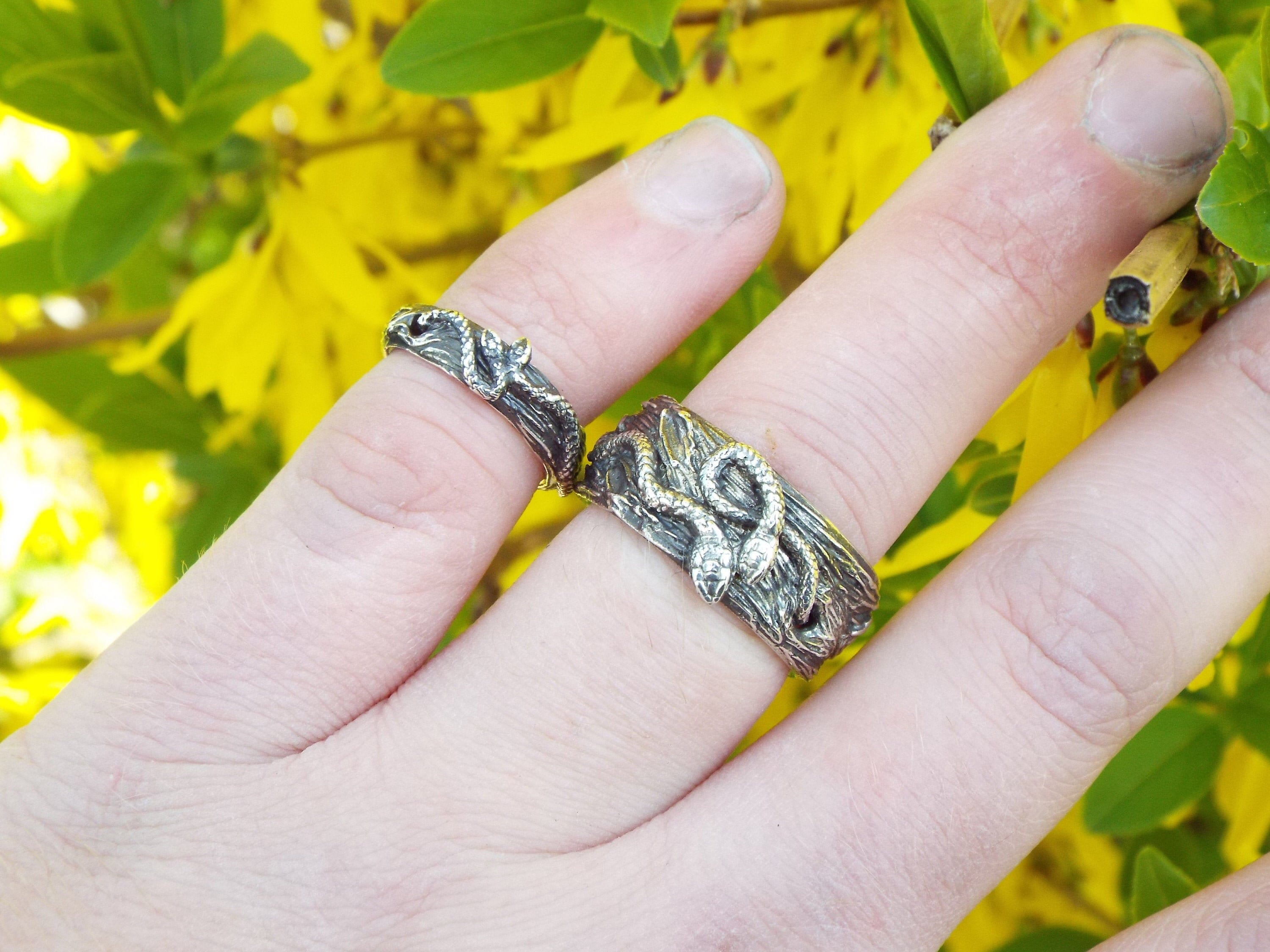 Snakes Intertwined Ring Set: Sterling Silver Serpent Couple Bands