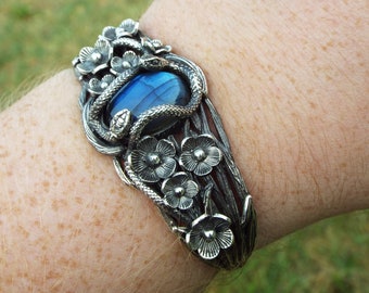 Blue Moon Bracelet, Nature Inspired Snake Bracelet, Snake Bracelet, Snake and Flower Bracelet, Sterling Silver Oxidized Snake Bracelet