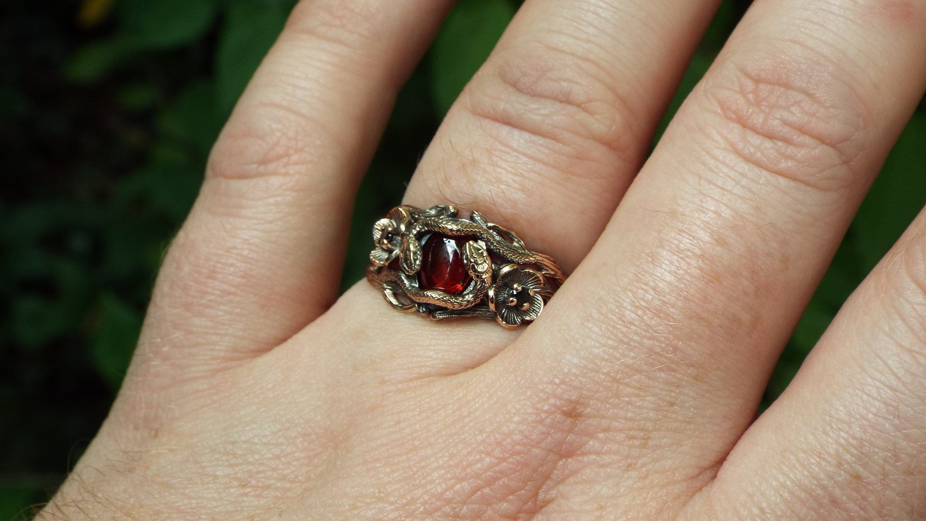 Golden Sunset Garden Stroll, Nature inspired Snake ring, 14k Gold Garnet snake ring, Snake and flower nature ring, Cottagcore Snake ring