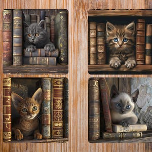 Cat Coasters Set of 4 Coasters for Cat Lovers and Book Lovers Custom Coaster for Home Stocking Stuffer Gift for Her For Him