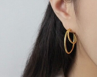 Double Hoop Earrings, 18K Gold Plated, Gold Hoops, Sterling Silver Hoops in Gold, Anniversary Valentine Gift