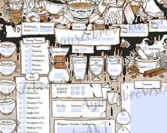 Scheda del personaggio di D&D 5e Coffee: modulo compilabile per gioco di ruolo (download immediato)