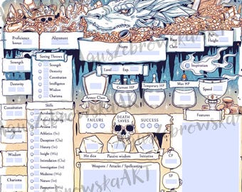 Schede dei personaggi D&D 5e - Schede compilabili con tema oro / Design del drago / Download immediato
