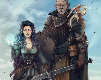 D&D Couple Art Commission: Fantasy Illustration with Background (Digital File A3 JPG/PNG)