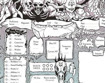 May include: A black and white fantasy role-playing game character sheet. The sheet features boxes for stats, skills, and weapons, with illustrations of monsters and skulls at the top. Includes space for name, level, and other game details.