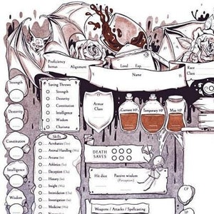 May include: A black and white character sheet for a tabletop role-playing game. The sheet features a bat, roses, and a spider. The sheet includes sections for character name, race, class, level, experience points, age, height, strength, dexterity, constitution, intelligence, wisdom, charisma, saving throws, skills, death saves, hit dice, passive wisdom, weapons, attacks, spellcasting, equipment, inspiration, initiative, speed, and features.