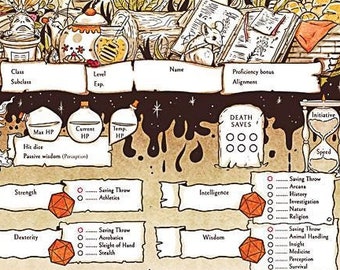 Schede dei personaggi Cottagecore D&D 5e: stampabili illustrate a mano (6 pagine)