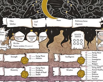 Schede dei personaggi di Selune Moon D&D: D&D 5e stampabili (6 pagine)