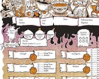 Schede dei personaggi D&D 5e a tema caffè - 6 pagine stampabili (PDF)