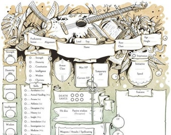 Schede stampabili del personaggio del bardo D&D 5e: tema musicale (download digitale)