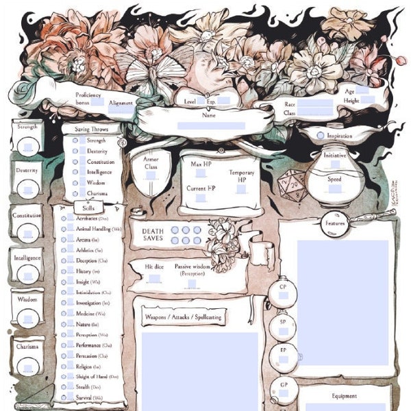 Fillable D&D character sheets - Flowers |  Custom character sheets floral theme