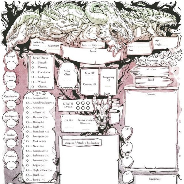 D&D Character Sheets | Printable dragon themed dnd 5e character sheets