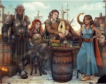 gift party commission, dnd group portrait, tavern illustration, group character design